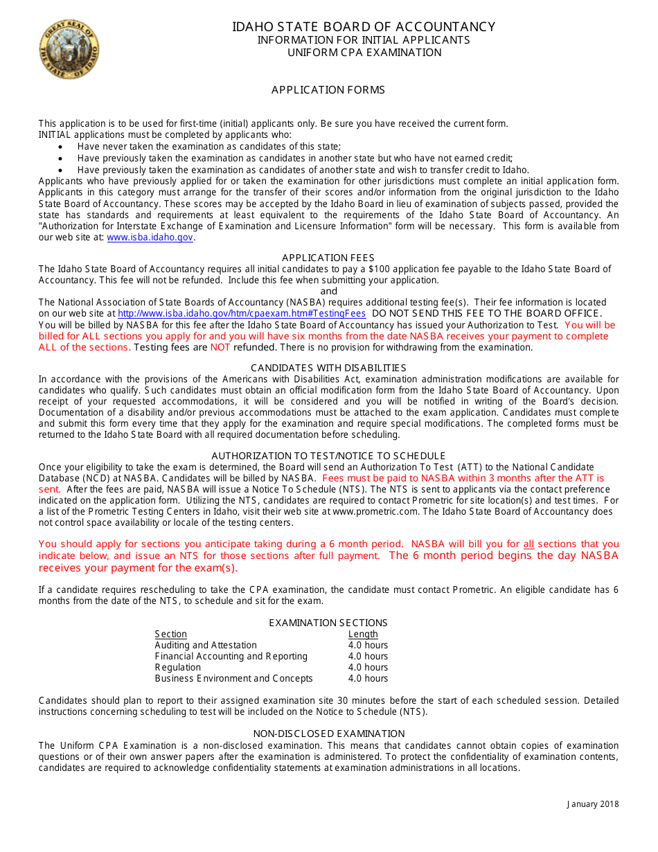 Initial Application for Uniform CPA Examination - Idaho, Page 1