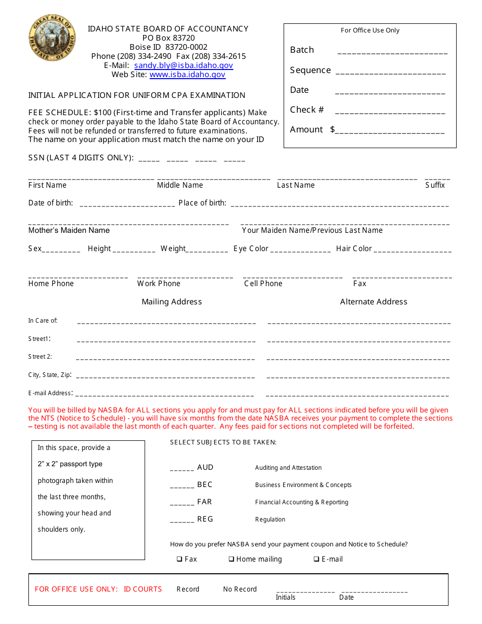 Idaho Initial Application for Uniform CPA Examination - Fill Out, Sign ...