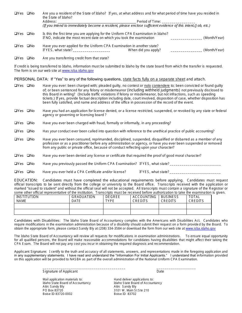Initial Application for Uniform CPA Examination - Idaho, Page 4