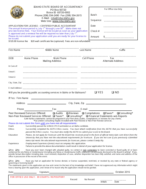 Application for License - Certified Public Accountant - Idaho Download Pdf
