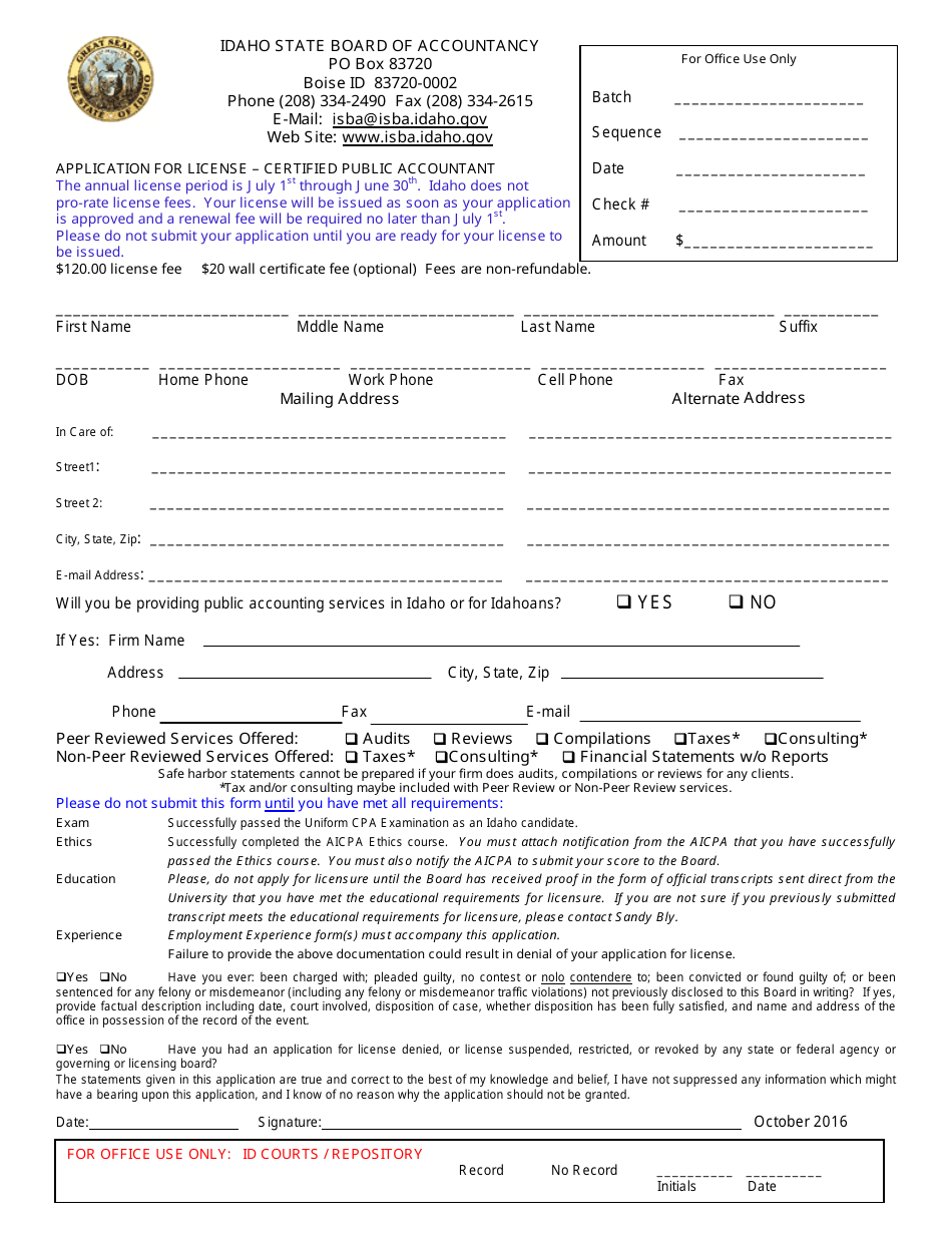 Application for License - Certified Public Accountant - Idaho, Page 1
