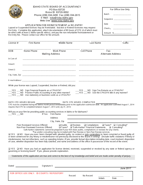 Application for Reinstatement or Re-entry - Idaho Download Pdf