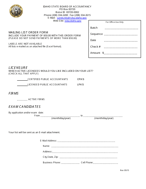 Mailing List Order Form - Idaho Download Pdf