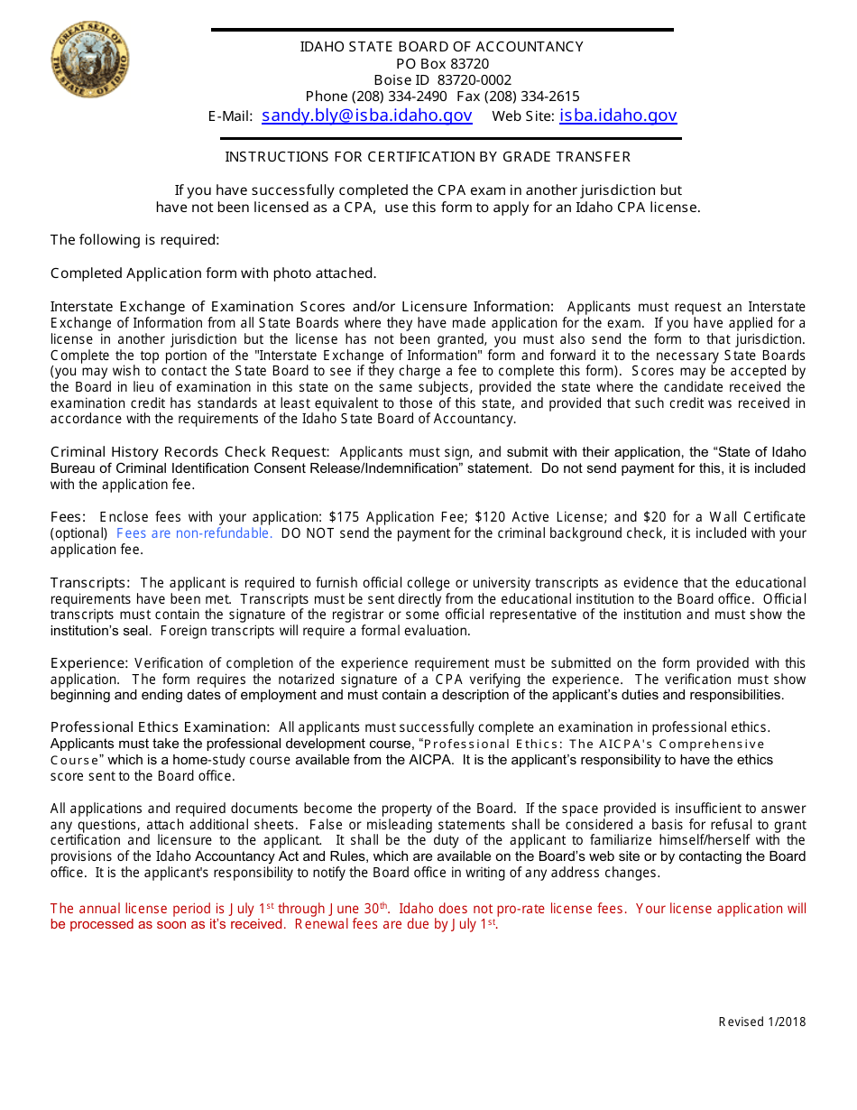 CPA Licensegrade Transfer Application - Idaho, Page 1