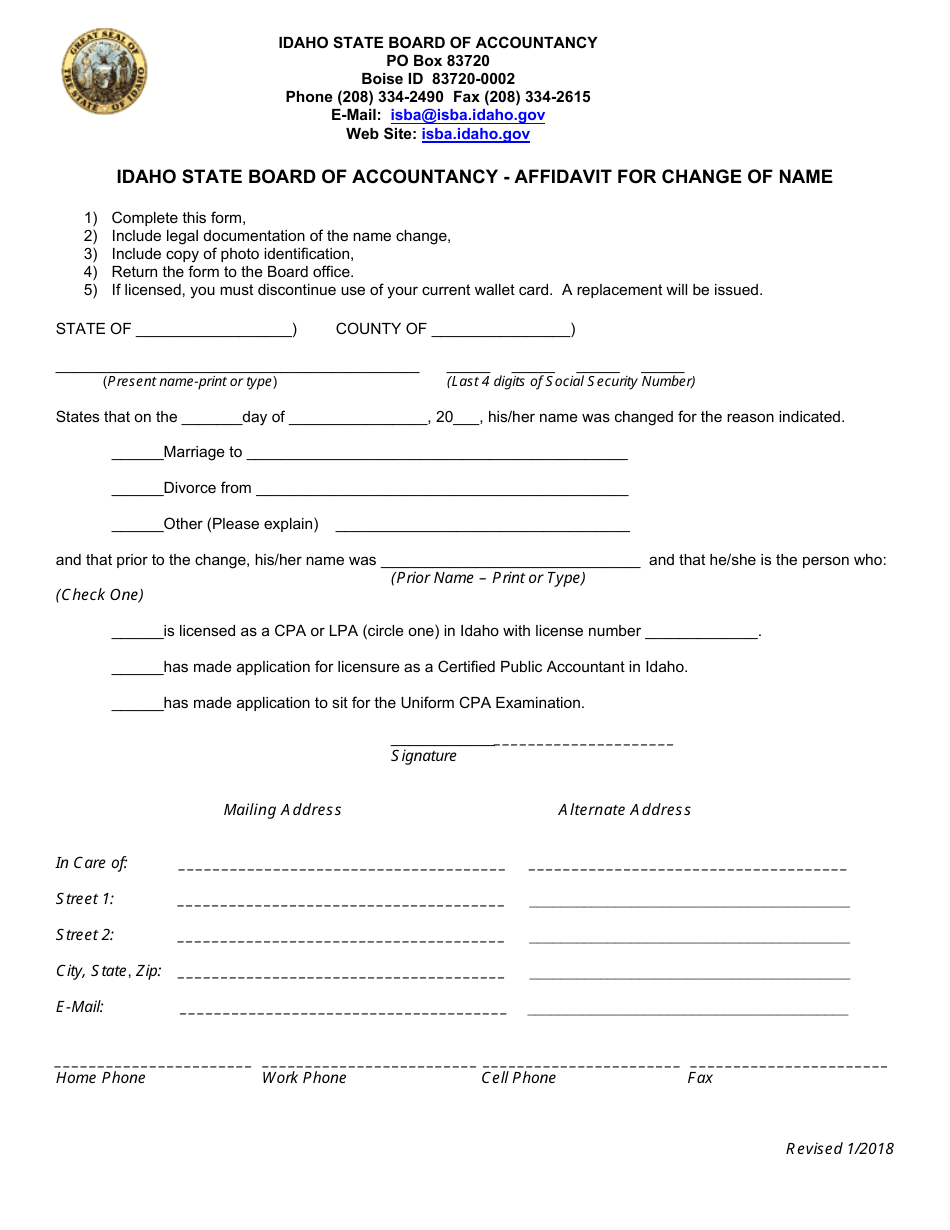 Idaho Affidavit for Change of Name Fill Out, Sign Online and Download