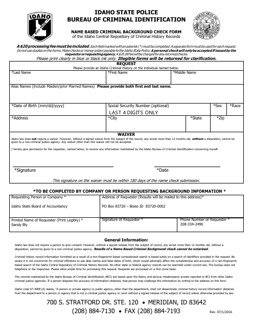 Name Based Criminal Background Check Form - Idaho Download Pdf