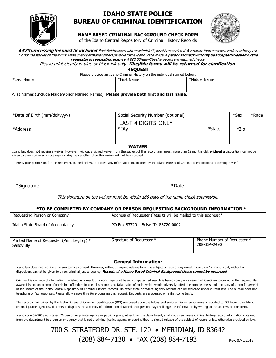 Idaho Name Based Criminal Background Check Form Fill Out Sign Online And Download Pdf 7996