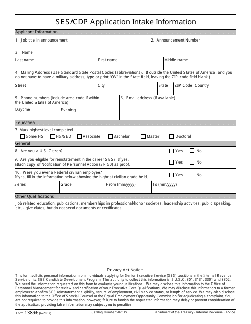 IRS Form 13896 Ses/Cdp Application Intake Information