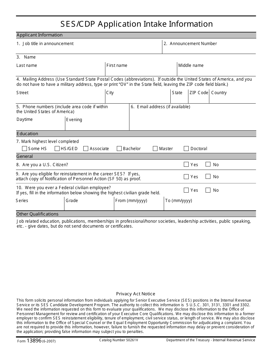 IRS Form 13896 Ses / Cdp Application Intake Information, Page 1