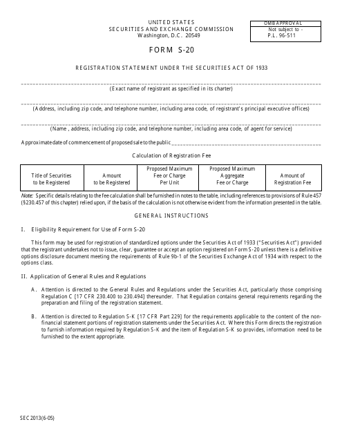 Form S-20 (SEC2013)  Printable Pdf