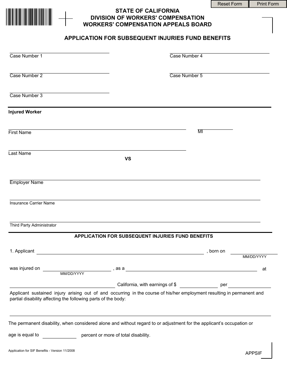 Application for Subsequent Injuries Fund Benefits - California, Page 1