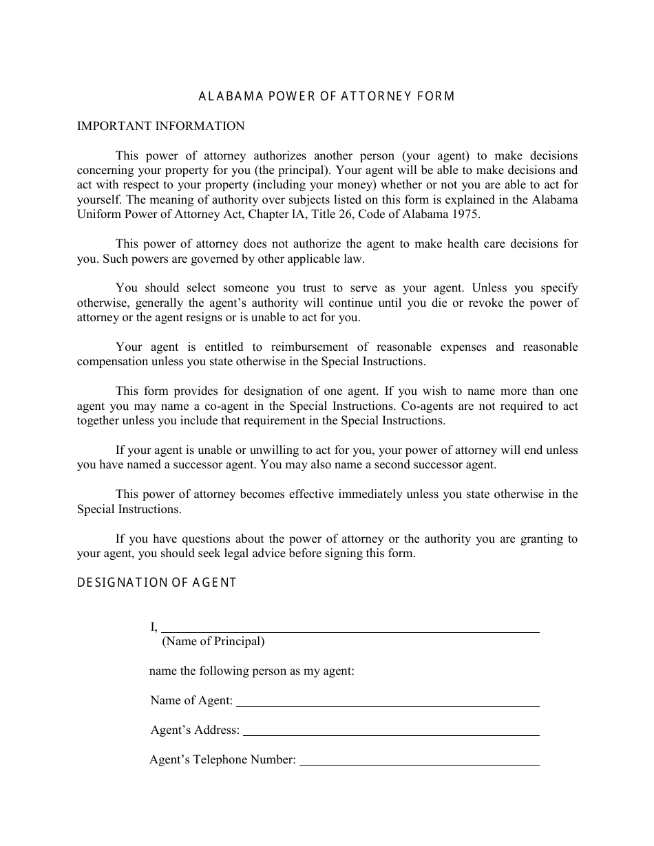 Power of Attorney Form - Alabama, Page 1