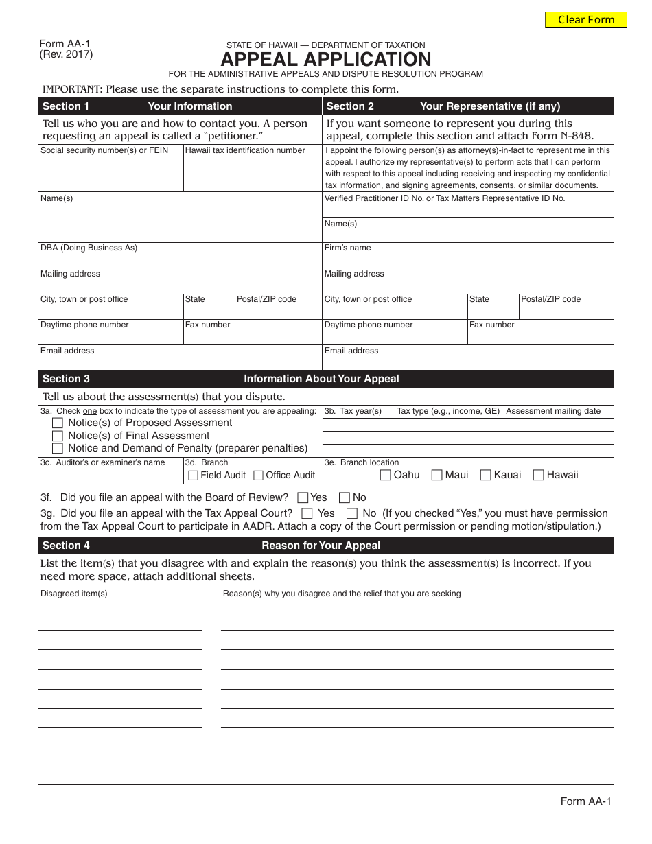 Form AA-1 Appeal Application - Hawaii, Page 1