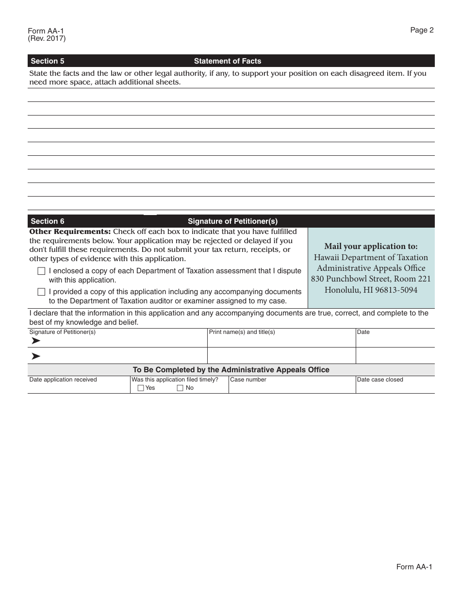 Form AA-1 Appeal Application - Hawaii, Page 2