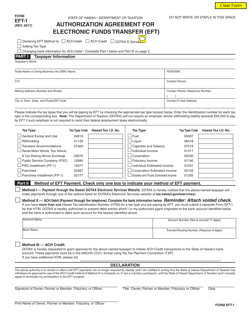 Form EFT1 Download Fillable PDF or Fill Online Authorization Agreement