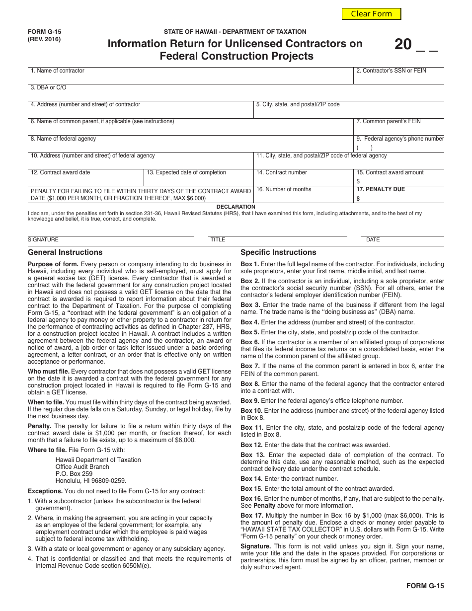 Form G-15 Information Return for Unlicensed Contractors on Federal Construction Projects - Hawaii, Page 1