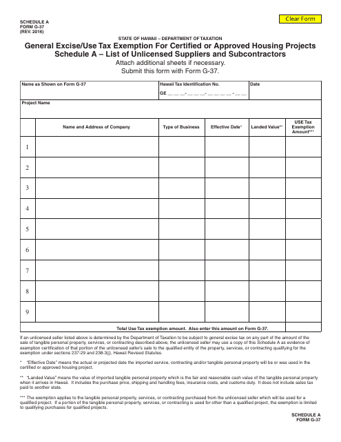 Form G-37 Schedule A List of Unlicensed Suppliers and Subcontractors - General Excise/Use Tax Exemption for Certified or Approved Housing Projects - Hawaii