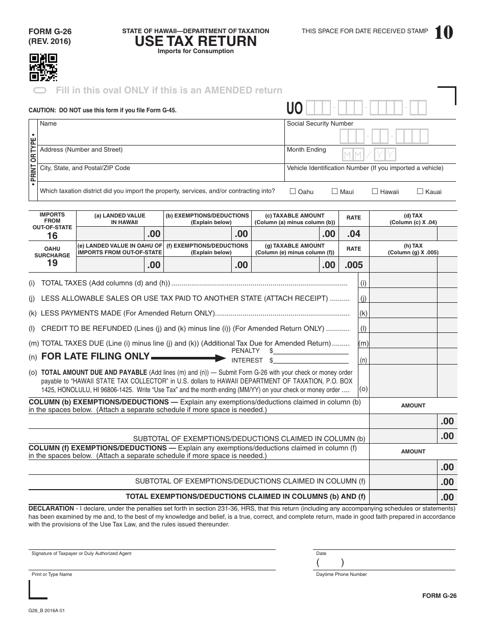 Form G26 Download Printable PDF or Fill Online Use Tax Return