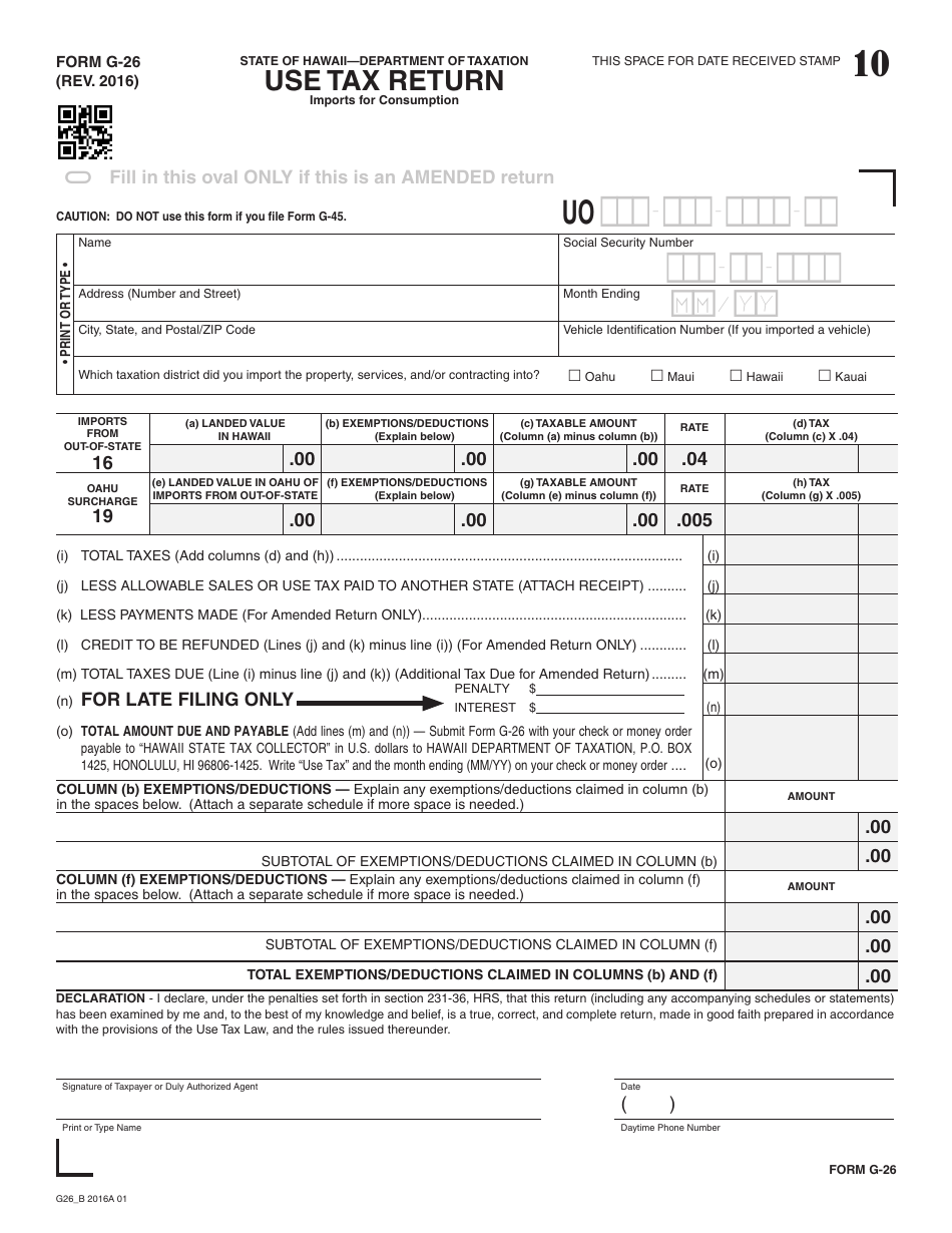 Form G-26 Use Tax Return - Imports for Consumption - Hawaii, Page 1