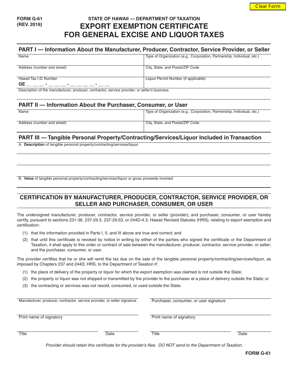 Form G-61 Export Exemption Certificate for General Excise and Liquor Taxes - Hawaii, Page 1