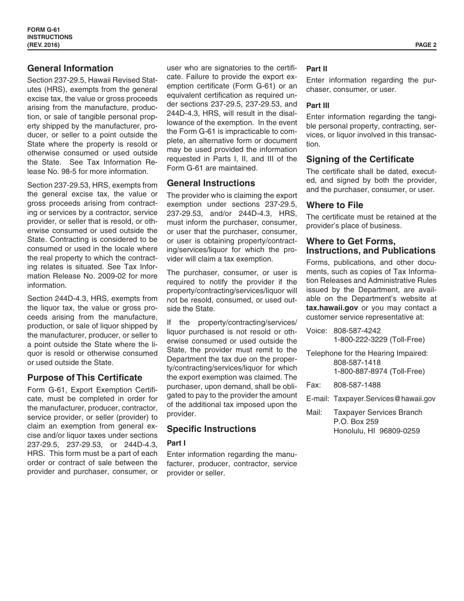 Form G-61 Export Exemption Certificate for General Excise and Liquor Taxes - Hawaii, Page 2