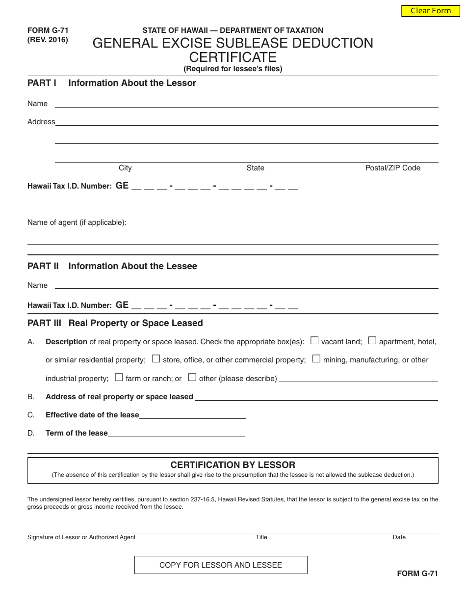 Form G-71 General Excise Sublease Deduction Certificate - Hawaii, Page 1
