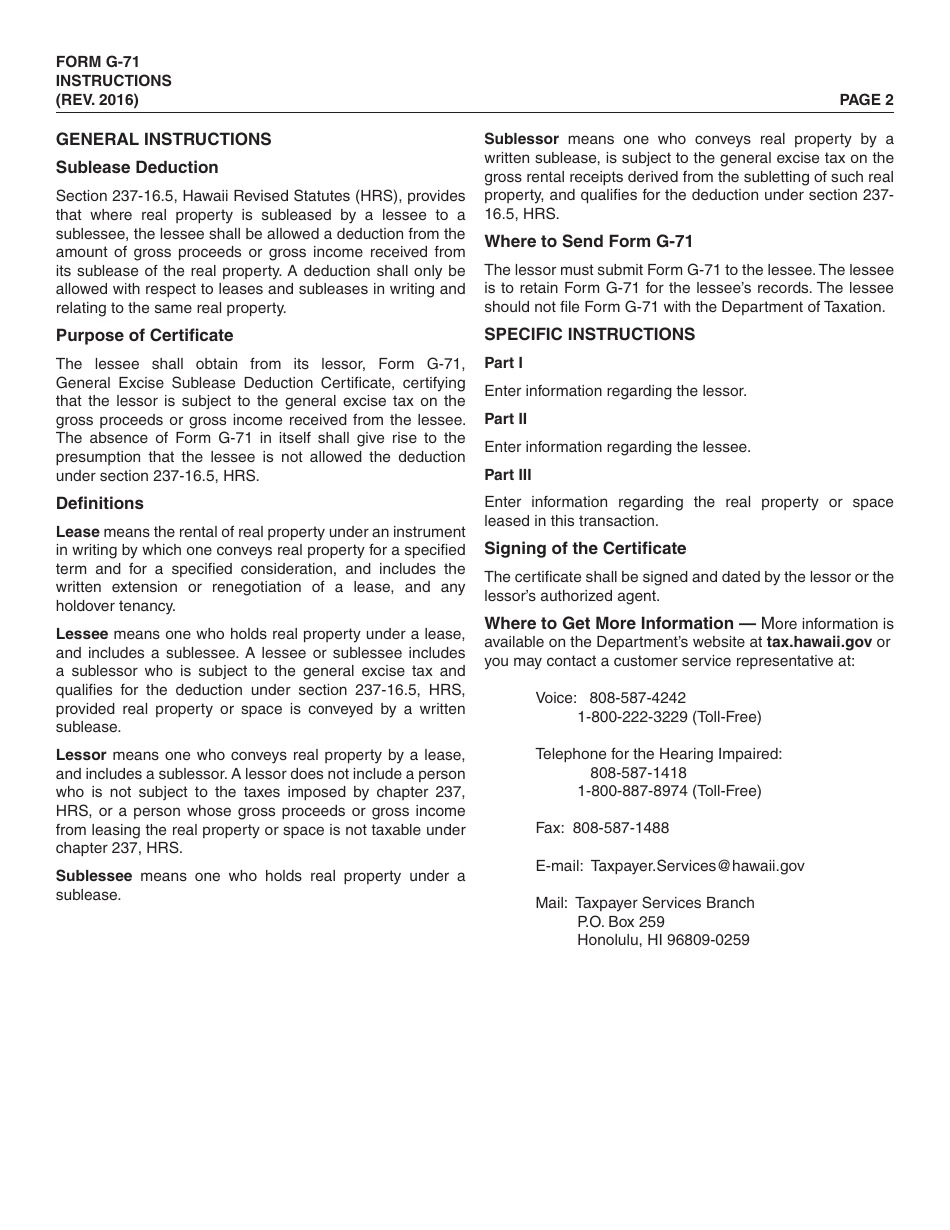 Form G-71 General Excise Sublease Deduction Certificate - Hawaii, Page 2