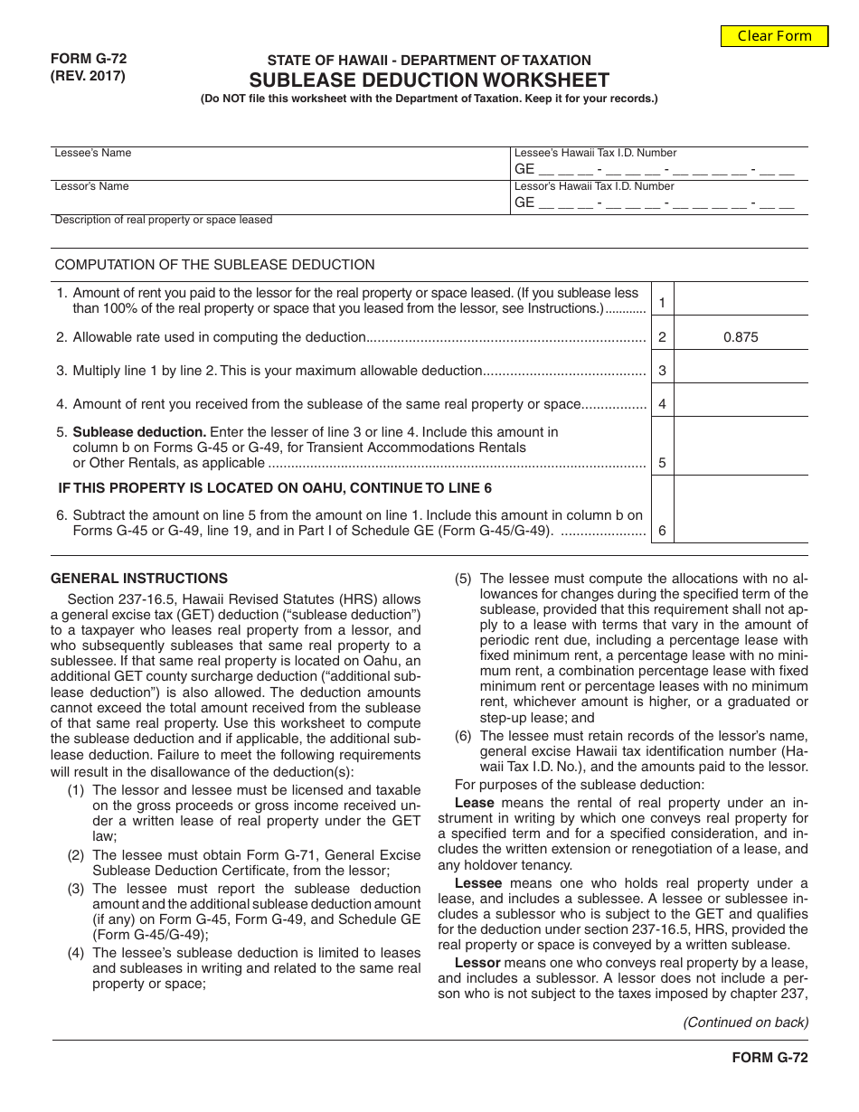Form G-72 Sublease Deduction Worksheet - Hawaii, Page 1