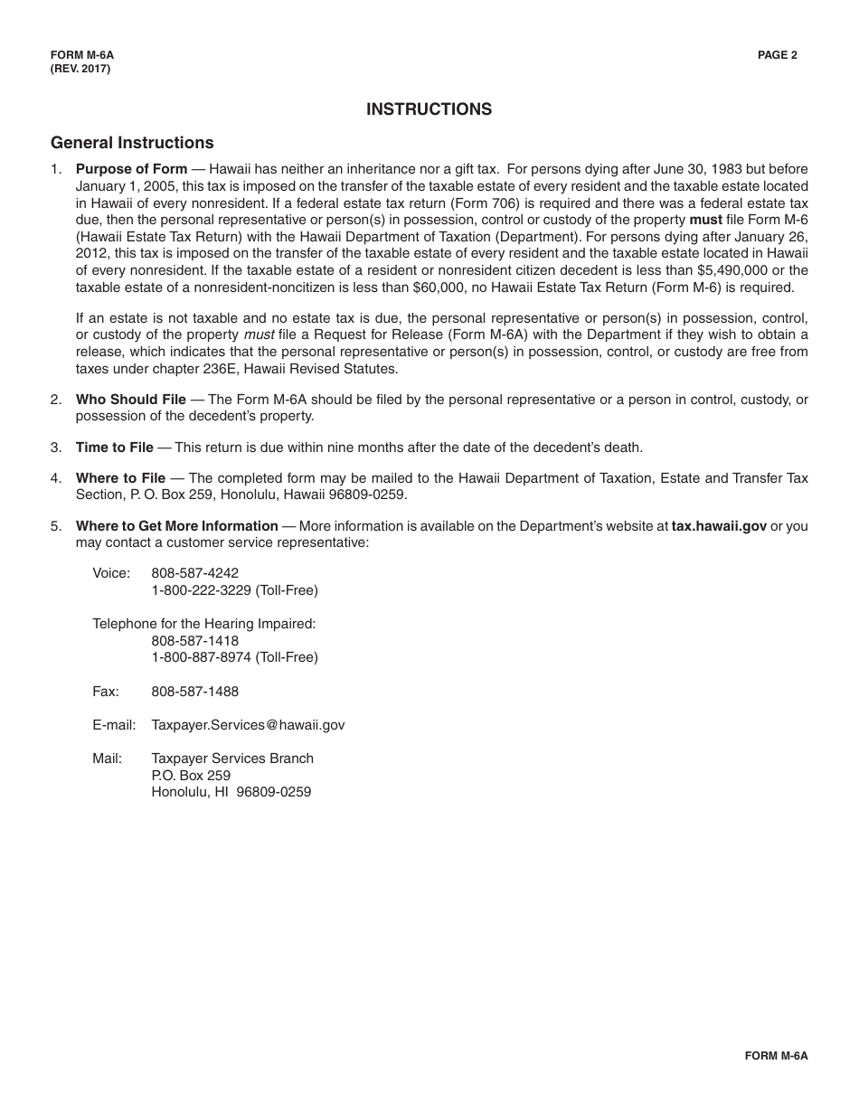 Form M-6a Request for Release to Be Filed for Decedents Dying After June 30, 1983 - Hawaii, Page 2