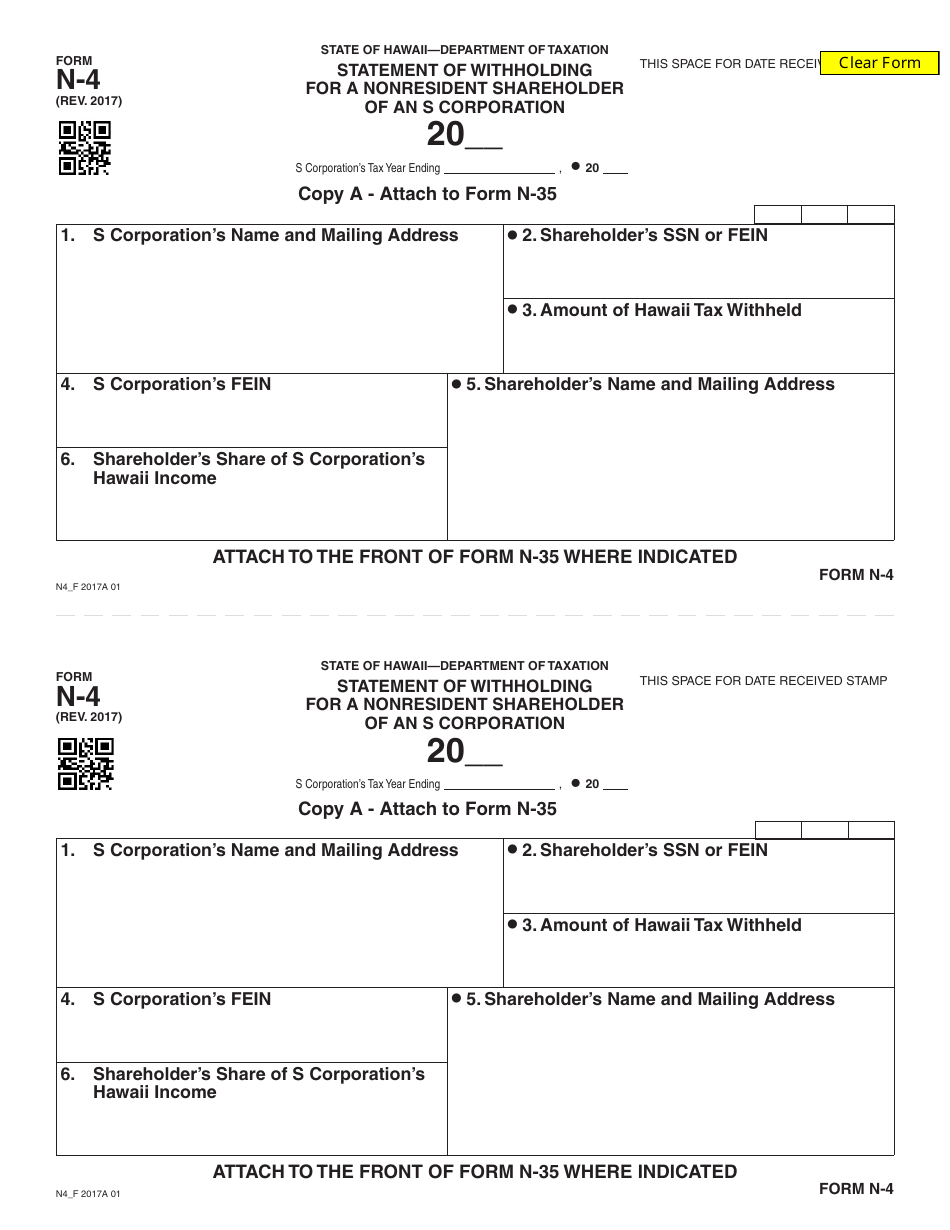 Form N-4 Statement of Withholding for a Nonresident Shareholder of an S Corporation - Hawaii, Page 1