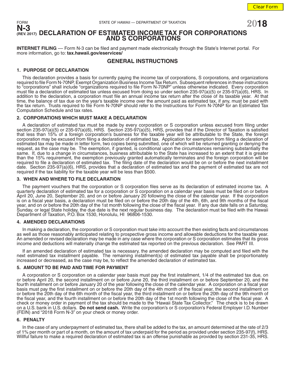 Form N-3 Declaration of Estimated Income Tax for Corporations and S Corporations - Hawaii, Page 1