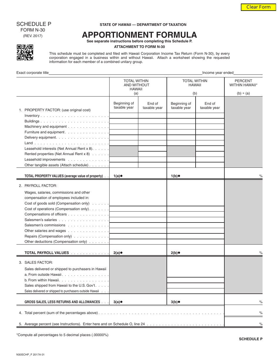 Form N-30 Schedule P Apportionment Formula - Hawaii, Page 1