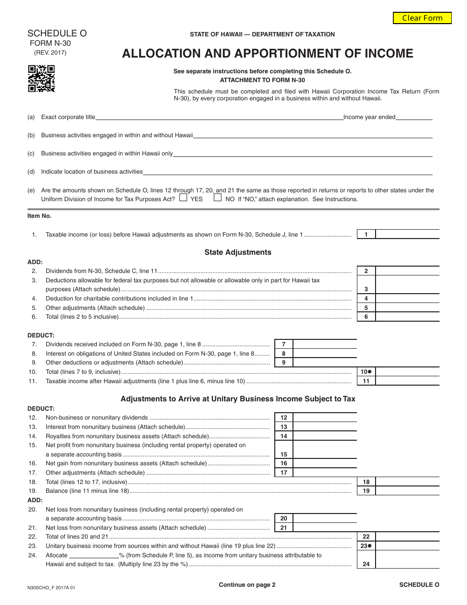 Form N-30 Schedule O Allocation and Apportionment of Income - Hawaii, Page 1