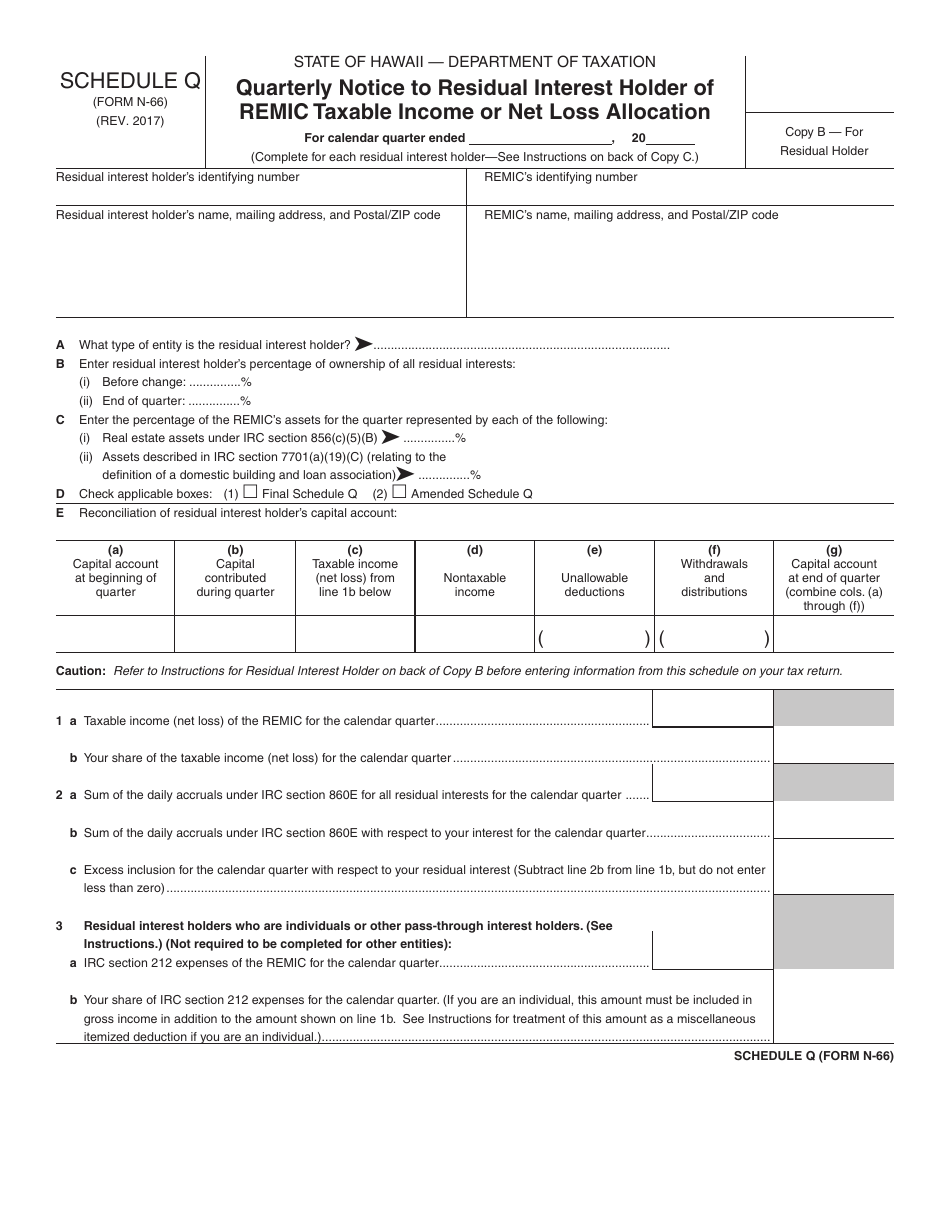 Form N-66 Schedule Q Quarterly Notice to Residual Interest Holder of REMIC Taxable Income or Net Loss Allocation - Hawaii, Page 3