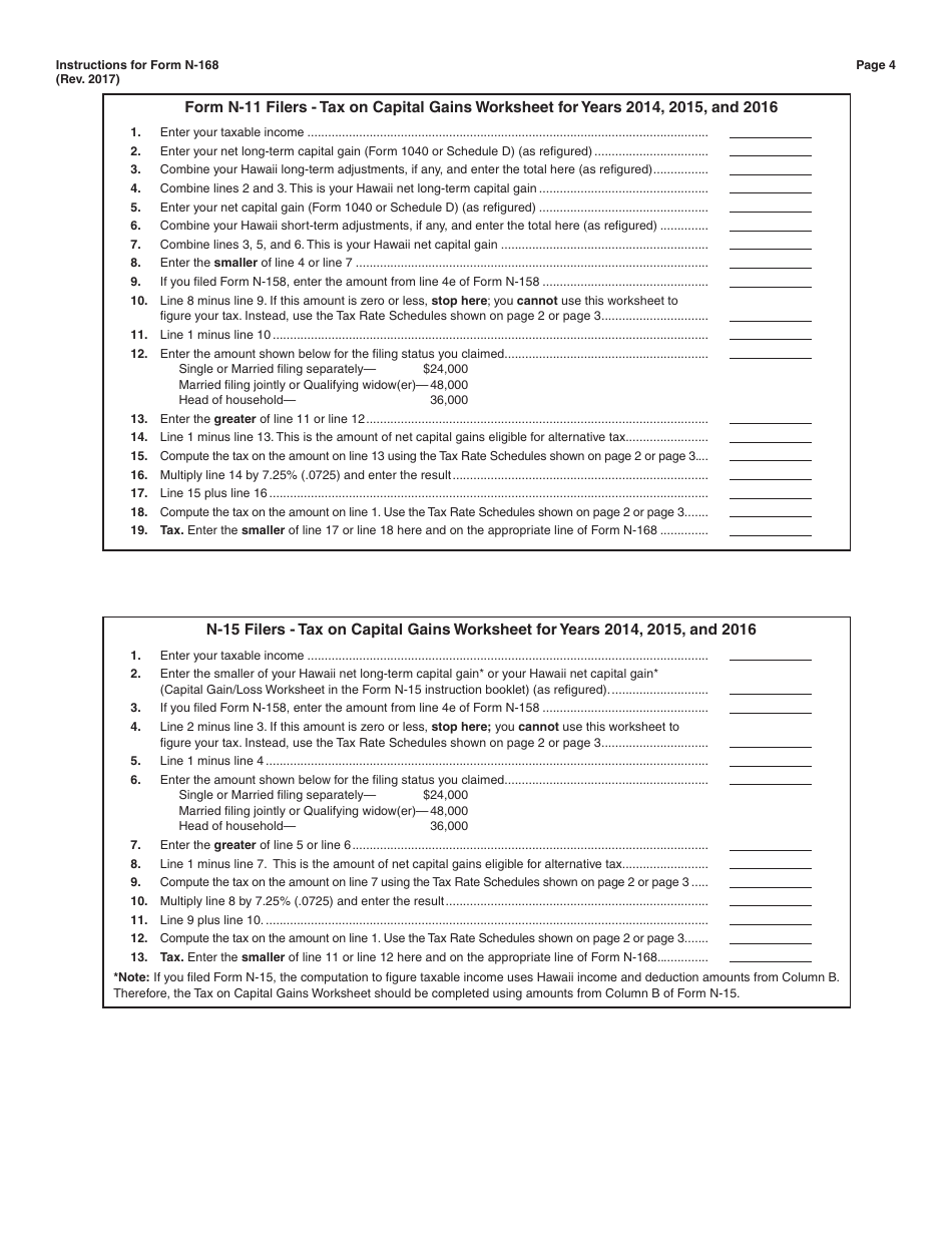 Instructions for Form N-168 Income Averaging for Farmers and Fishermen - Hawaii, Page 4