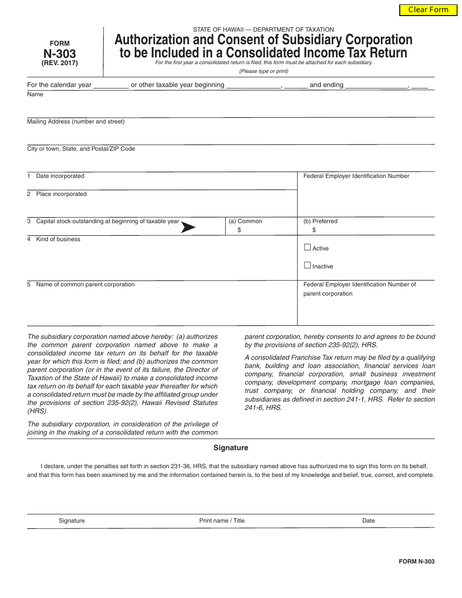 Form N-303 Authorization and Consent of Subsidiary Corporation to Be Included in a Consolidated Income Tax Return - Hawaii, Page 1