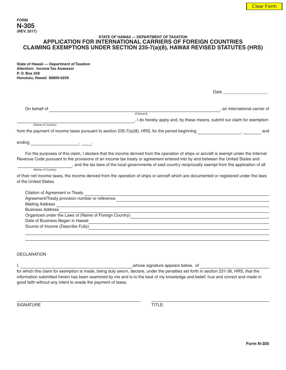 Form N-305 Application for International Carriers of Foreign Countries Claiming Exemptions Under Section 235-7(A)(8), Hawaii Revised Statutes (Hrs) - Hawaii, Page 1