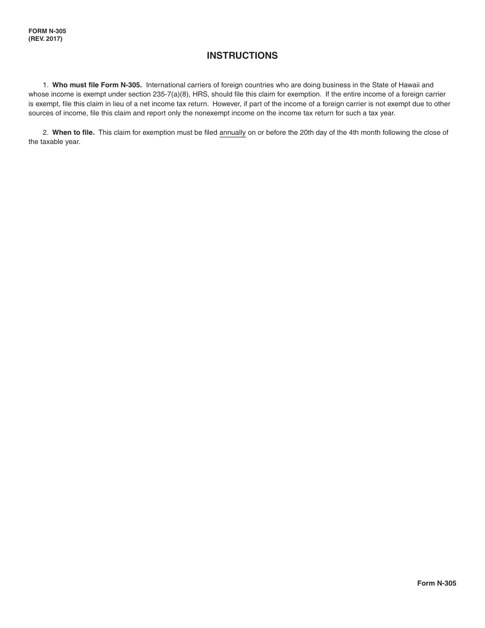 Form N-305 Application for International Carriers of Foreign Countries Claiming Exemptions Under Section 235-7(A)(8), Hawaii Revised Statutes (Hrs) - Hawaii, Page 2