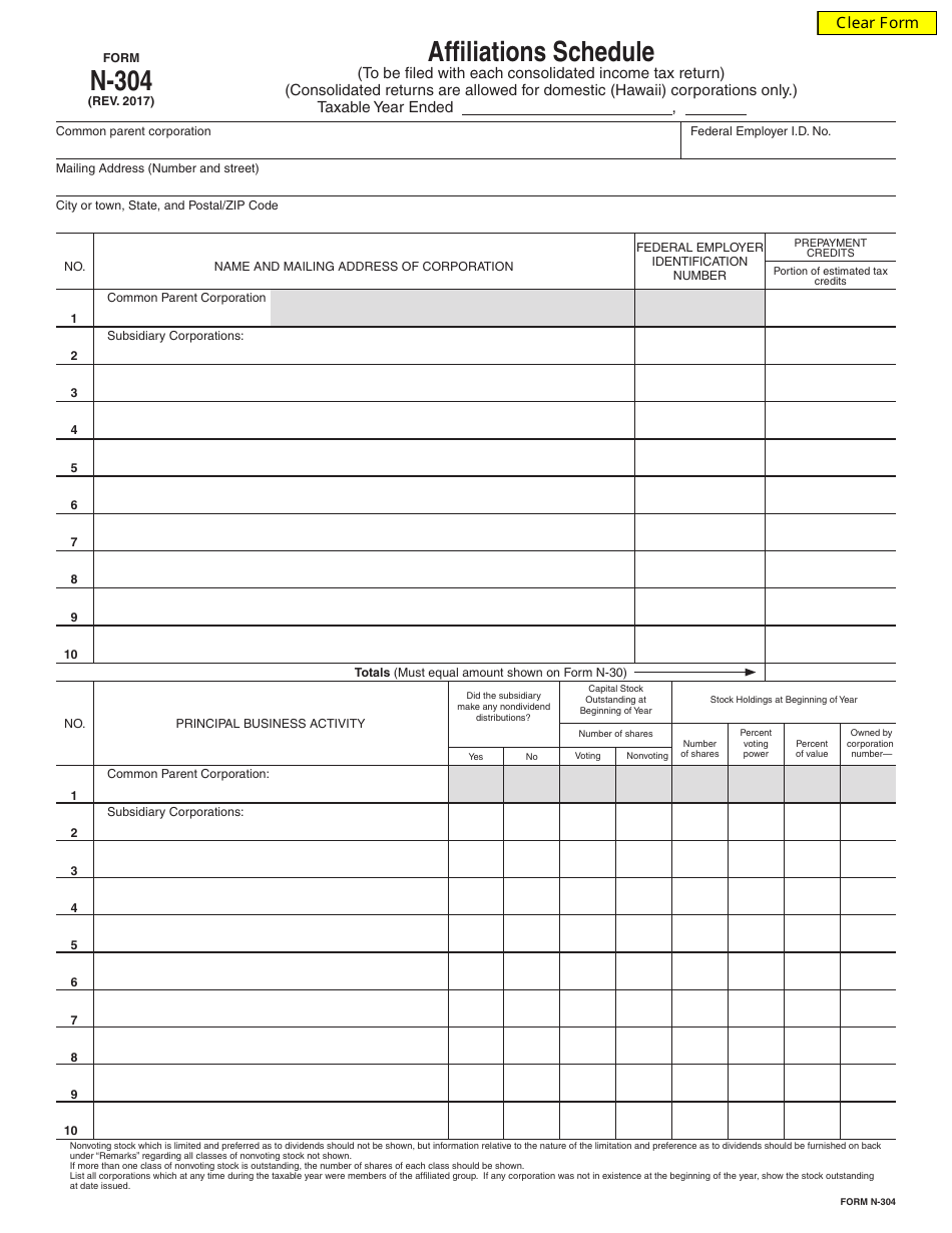 Form N-304 Affiliations Schedule - Hawaii, Page 1