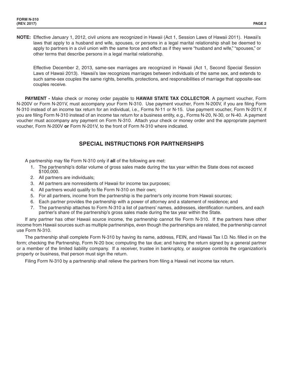 Form N-310 Multistate Tax Compact Short Form Return - Hawaii, Page 2