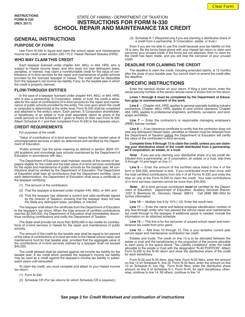 Instructions for Form N-330 School Repair and Maintenance Tax Credit - Hawaii, Page 1