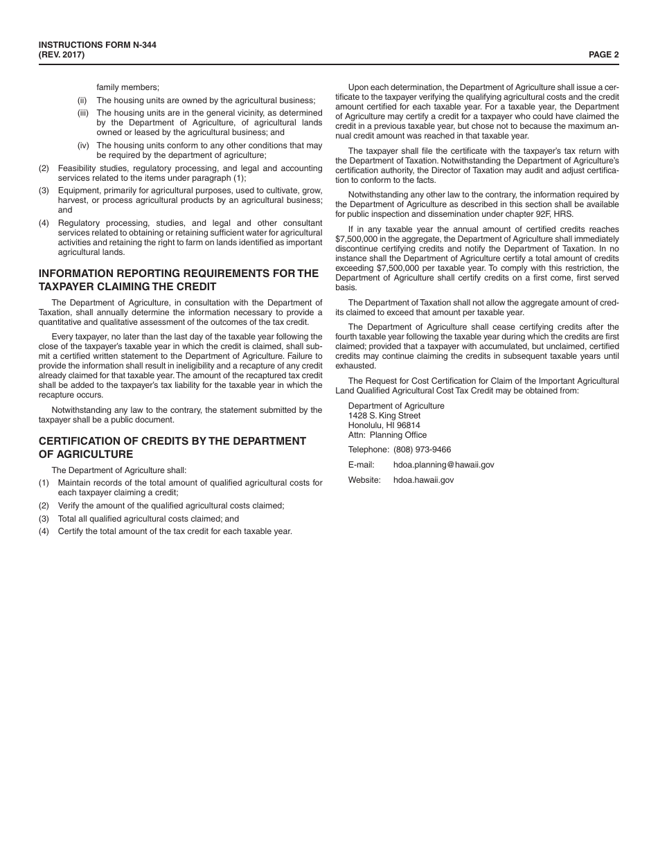 Instructions for Form N-344 Important Agricultural Land Qualified Agricultural Cost Tax Credit - Hawaii, Page 2