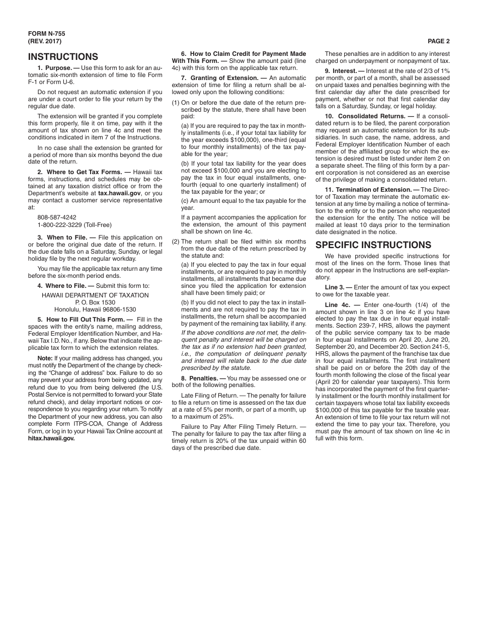Form N-755 Application for Automatic Extension of Time to File Hawaii Franchise Tax Return (Form F-1) or Public Service Company Tax Return (Form U-6) - Hawaii, Page 2