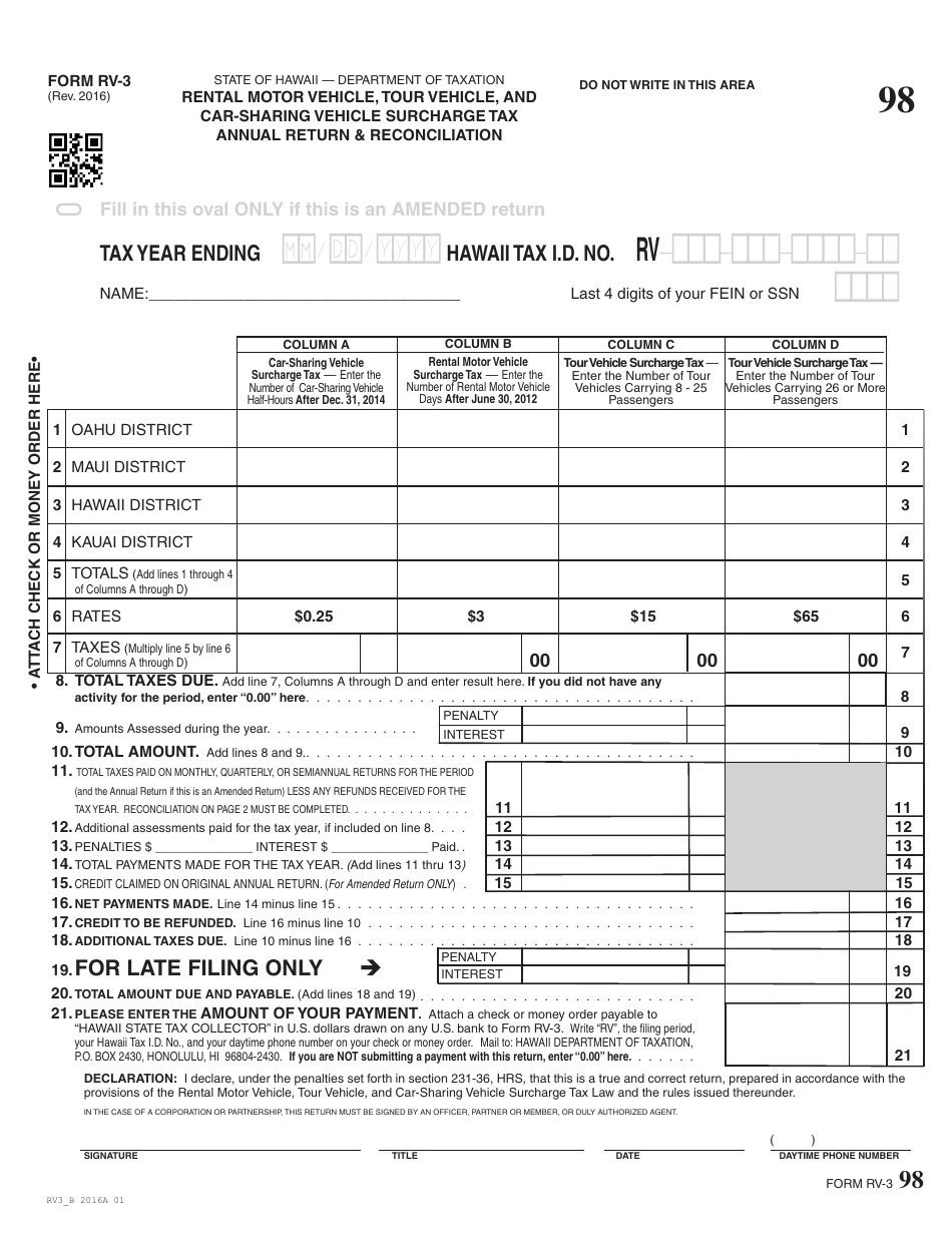 Form RV-3 Rental Motor Vehicle, Tour Vehicle, and Car-Sharing Vehicle Surcharge Tax Annual Return  Reconciliation - Hawaii, Page 1