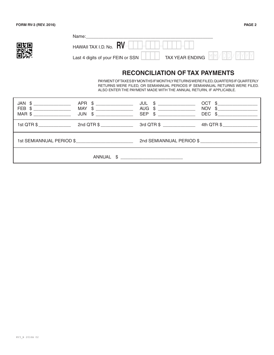 Form RV-3 Rental Motor Vehicle, Tour Vehicle, and Car-Sharing Vehicle Surcharge Tax Annual Return  Reconciliation - Hawaii, Page 2