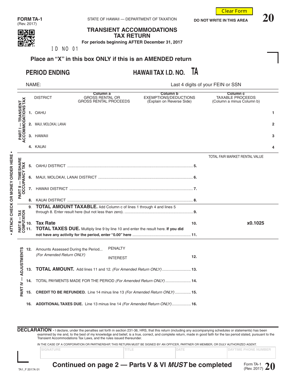Form TA-1 Transient Accommodations Tax Return - Hawaii, Page 1