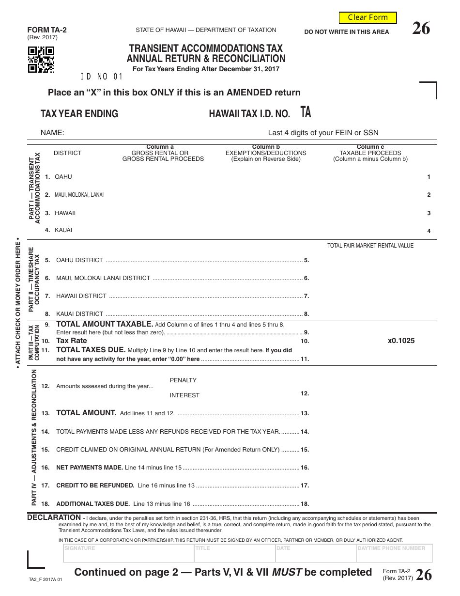 Form TA-2 Transient Accommodations Tax Annual Return  Reconciliation - Hawaii, Page 1