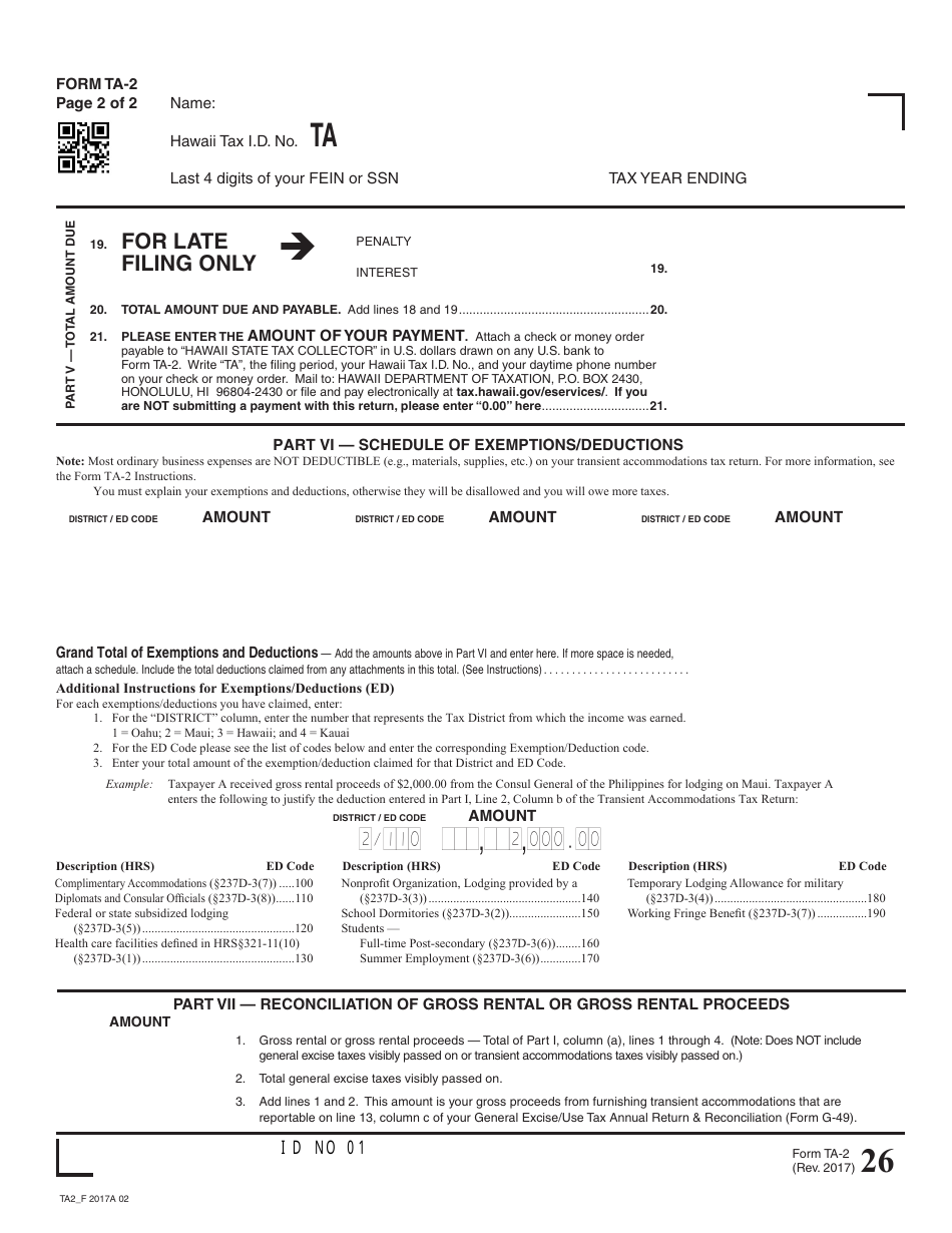 Form TA-2 Transient Accommodations Tax Annual Return  Reconciliation - Hawaii, Page 2