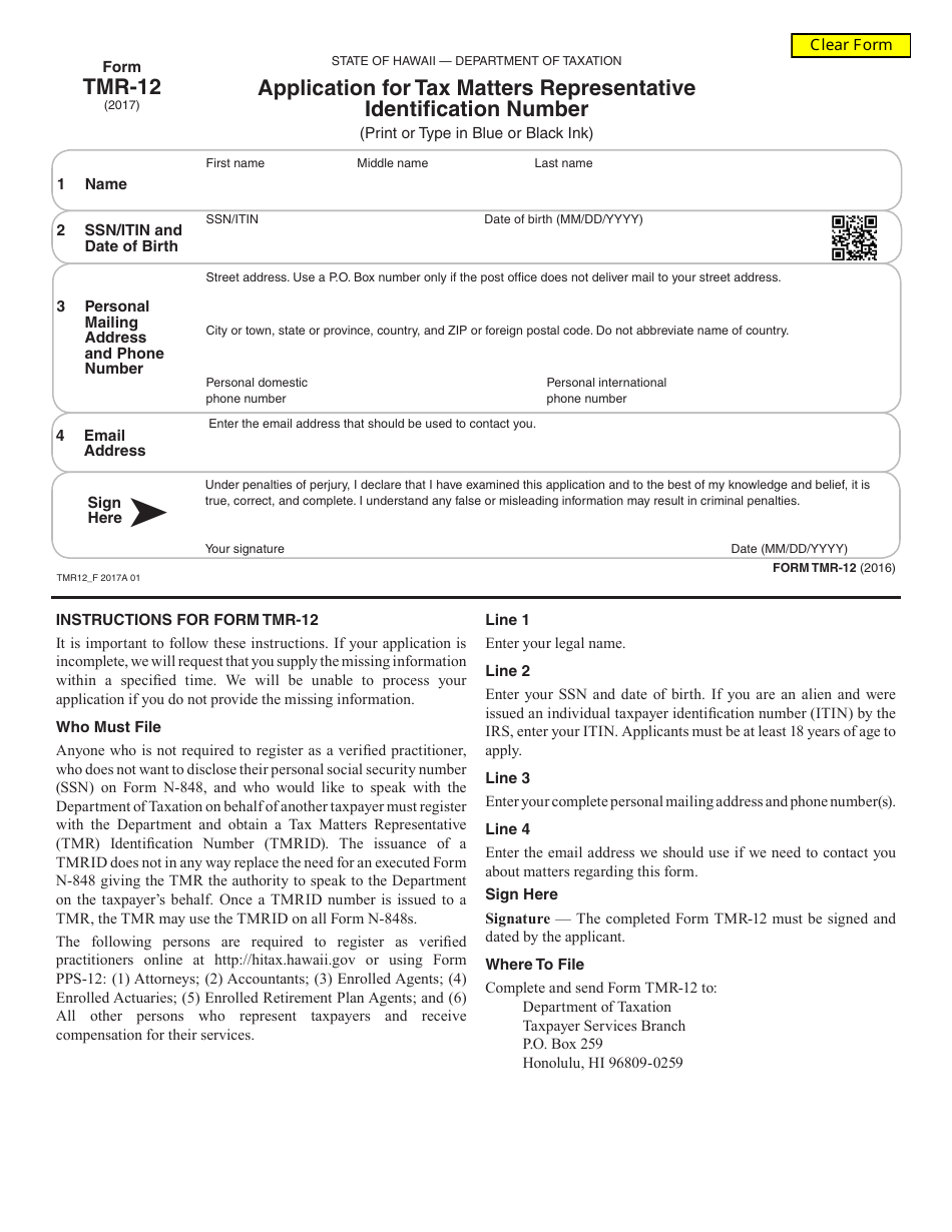 Form TMR-12 Application for Tax Matters Representative Identification Number - Hawaii, Page 1