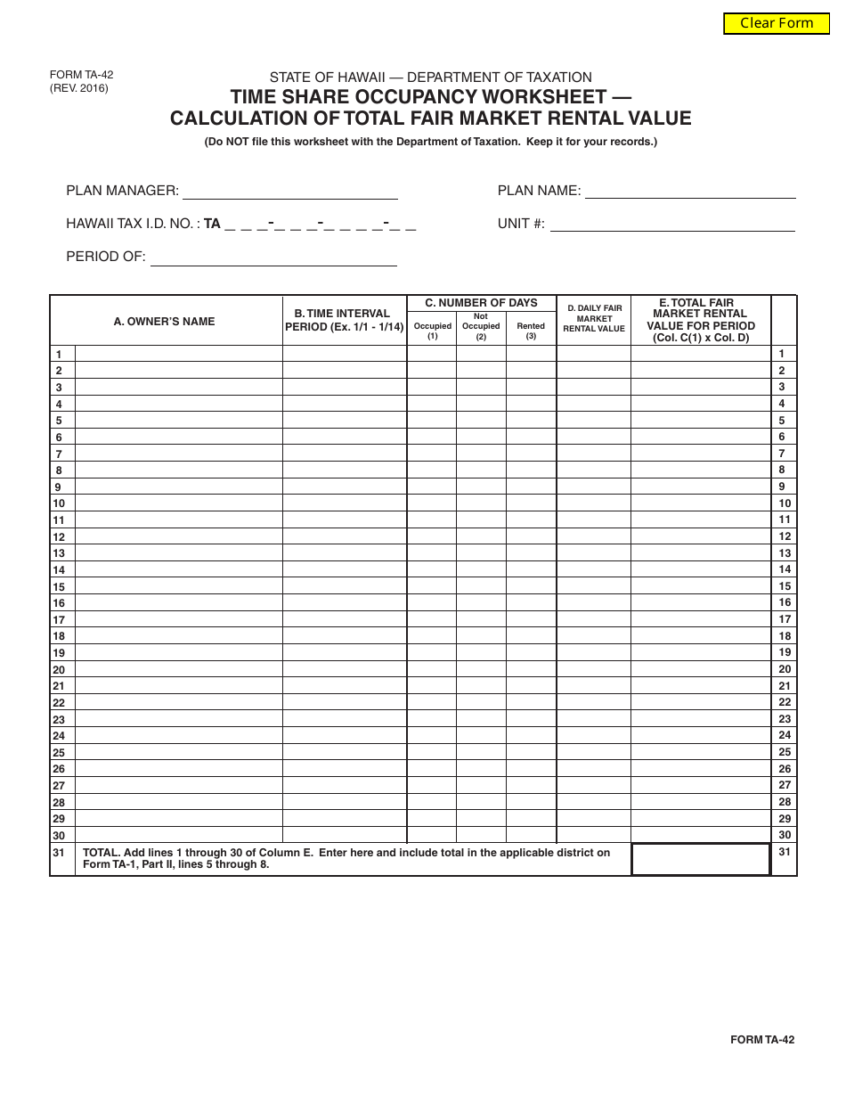 Form TA-42 Time Share Occupancy Worksheet  Calculation of Total Fair Market Rental Value - Hawaii, Page 1